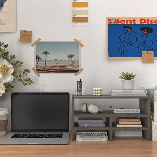 Wood Desktop Organizer Shelf with Five Storage Compartments, Vertical Desk Organizer with Three Shelves, for College Dorm Room, Office, Gray - Image 6