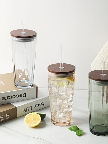 NIRA.Z Glass Tumbler with Lid and Straw 20oz, Ribbed Aesthetic Iced Coffee Glass Cup, Amber Drinking Glass with Wooden Lid, Reusable Straw Cup - Image 6