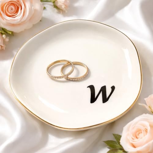 Initial Ring Dish - White Ceramic Jewelry Tray for Nightstand & Sink, Anti-Loss Trinket Organizer, Meaningful Engagement or Birthday Gift for Women, Sister, Friends (Letter W) by Unknown