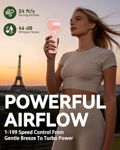 Portable Handheld Fan with Ice Cooling, 7.5m/s High Speed Turbo Fan, 150° Foldable 4-in-1 Personal Neck Fan, 199 Speed Stepless Control, USB-C Rechargeable for Travel, Makeup, Hiking,Pink - Image 5