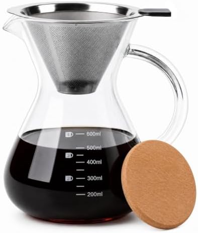 Pour Over Coffee Maker Set with Reusable Stainless Filter 20 fl oz, Heat-Resistant Borosilicate Glass Paperless Pour Over Coffee Dripper with coaster for Home Daily Coffee by CHDEXU