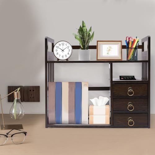 Bamboo Bookshelf Desktop Organizer,Large Capacity Wood Desk Rack,Book Storage Shelves w/3 Drawers for Office Supplies,Home Decor,Bedroom,Dormitories (Walnut) - Image 5