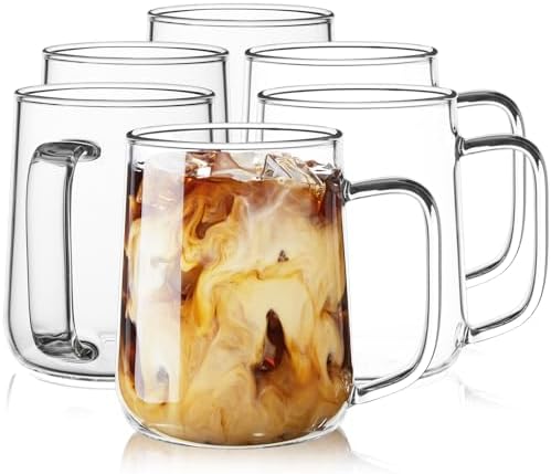 Glass Coffee Mugs, 16 oz Glass Coffee Cups Set of 6, Clear Borosilicate Glass Mugs with Handles for Cappuccino, Tea, Latte, Hot/Cold Beverages, Wine, Americano by Unknown