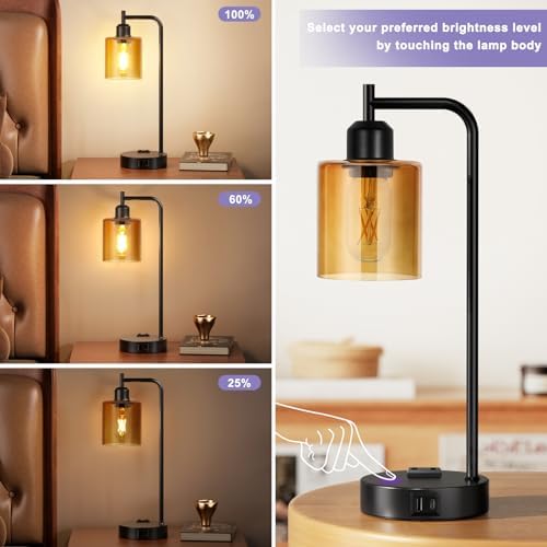Industrial Touch Nightstand Lamps for Bedrooms Set of 2 - 3-Way Dimmable Table Lamps with USB C+A Ports and Outlet, Bedside Lamps with Amber Glass Shade for Living Room, Desk Lamps for Home Office - Image 2