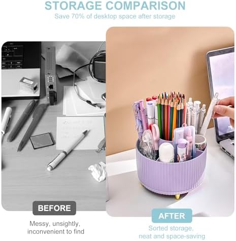 Cayxenful Pencil Holder For Desk,5 Slots 360°Degree Rotating Desk Organizers And Accessories,Desktop Storage Stationery Supplies Organizer, Cute Pencil Cup Pot For Office, School, Home (I-Purple) - Image 2