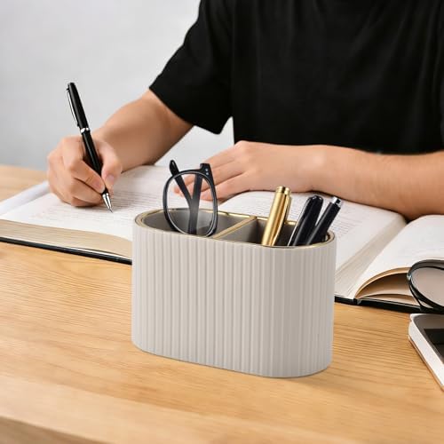 PU Leather Desk Organizer,Pen Holder,Small Remote Control Holder Pencil Cup Multifunctional Nightstand Organizer Caddy for Home School Office Desk Accessories,2 Compartments (Beige) - Image 3