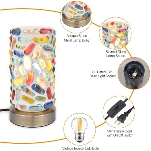 Handmade Turkish Mosaic Table Lamp, Cylinder Stained Pebbles Glass Pieces Nightlight with Antique Brass Base, Colorful Boho Accent Lamp for Bedroom, Living Room, Meditation Decor, LED Bulb Included - Image 2