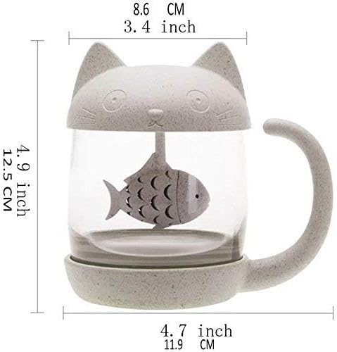 BigNoseDeer Cat Tea Cup Cute Mug Glass Pot with Fish Infuser for Loose Leaf Tea (White 8oz) - Image 3