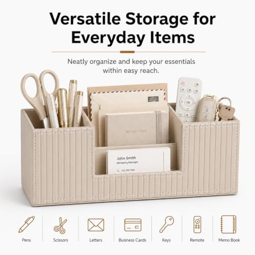 GORESE Pen Holder for Desk, Leather Small Desk Organizer for Office, Beige - Image 7