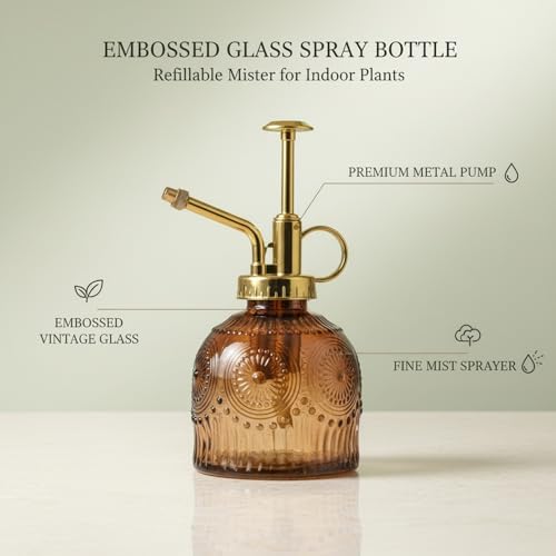 Vintage Embossed Glass Spray Bottle with Metal Pump, 10.6 oz Refillable Mister for Indoor Plants & Home Decor - Image 4