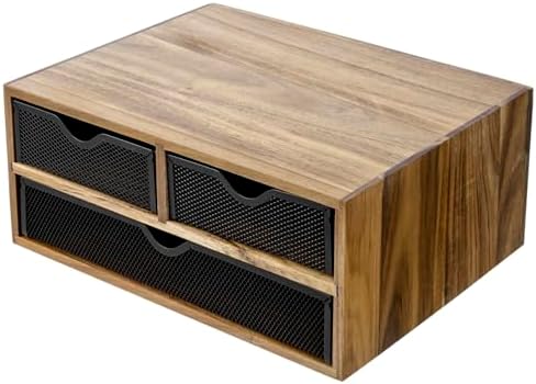 MyGift Premium Acacia Solid Wood Desktop Organizer Box with 3 Removable Black Metal Mesh Trays, Rustic Office Desk Supplies Storage Drawers for Accessories - Image 7