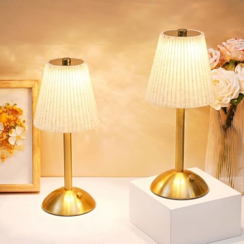 Liliful 2 Pcs Cordless Table Lamp LED Touch, Gold, Beige Cloth Style by Liliful