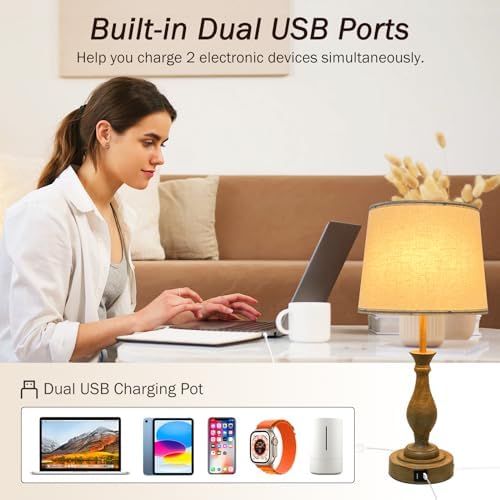 LALISU Farmhouse Table Lamp Touch Control 3-Way Dimmable Table Lamp, Modern Nightstand Lamp with 2 USB Port Bedside Desk Lamp with Fabric Shade for Living Room (Pack 1-Beige Shade & Touch) - Image 3