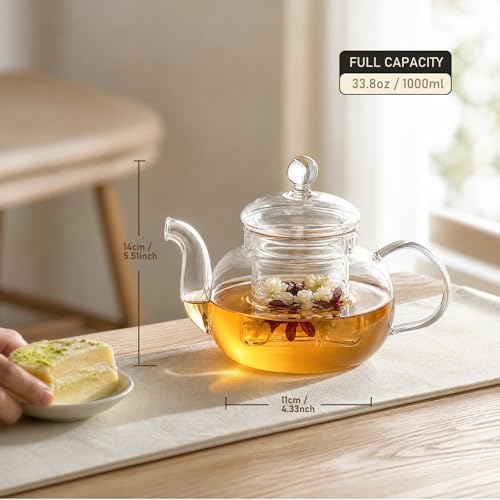 1000ml(33.8oz) Borosilicate Glass Teapot with Removable Glass Infuser, Stovetop Safe Large Tea Kettle for Blooming Tea & Loose Leaf Tea - Image 2