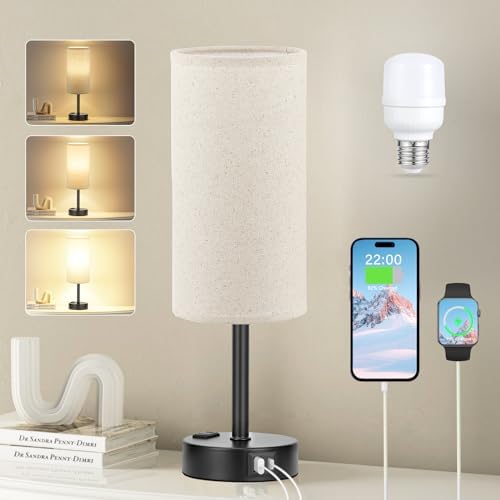 Fenmzee Beige Bedside Lamp for Bedroom, Dimmable Touch, USB A+C, AC Outlet by Fenmzeelighting