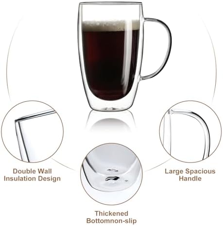 Aurzen 2 Pack Double Walled Glass Coffee Mugs with Handles, Large Insulated Layer Coffee Cups, 15oz Clear Borosilicate Mugs, Perfect for Cappuccino, Tea, Microwave Safe - Image 4