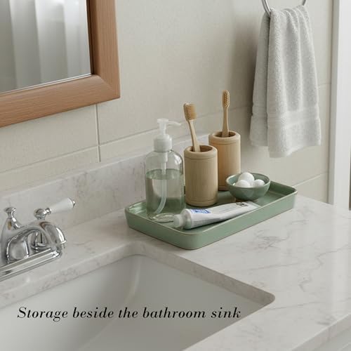 10"×6"×1" Bathroom Vanity Tray for Countertop- Ceramic Decorative Organizer Tray for Dresser Tops, Toilet, Perfume, Sponge Holder Soap Dish Dispenser for Kitchen Counter- Kiln-Transformed Green - Image 4