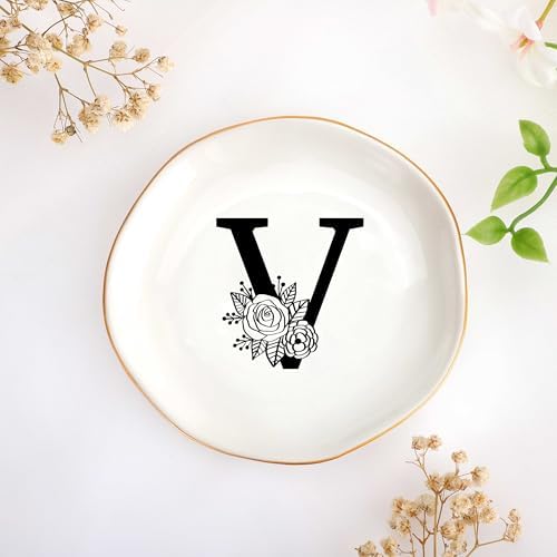 JoycuFF Initial V Ceramic Jewelry Tray, Bridesmaid Bride Gifts, Mothers Day Christmas Anniversary Engagement Birthday Gifts for Women Couples, Trinket Dish for Rings Earrings Necklaces Bracelets Keys by Joycuff