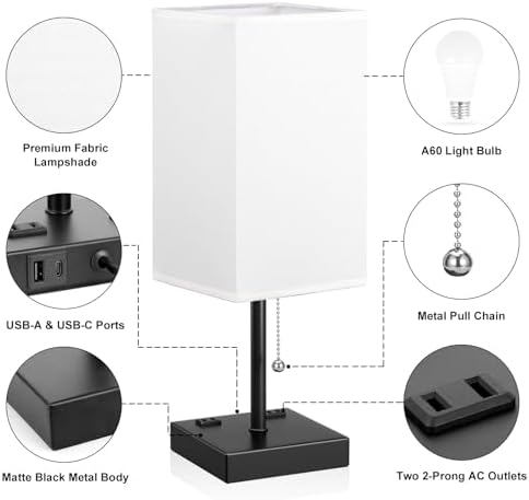 Bedside Lamp for Bedroom - 3 Color Temperatures, USB A+C, 2 AC Outlets - Image 5