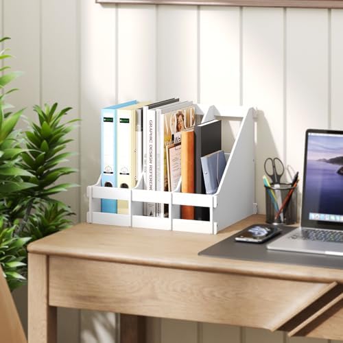 Bamboo Desk File Organizer, 3 Compartment Magazine Holder for Home Office(White) - Image 2
