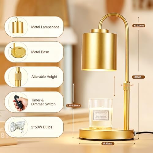 CASTLELIFE Dimmable Candle Warmer Lamp with Timer, Height Adjustable Candle Warmer for Jar Candles, Electric Wax Melt Warmer for Home Decor House Warming Gifts, Birthday Gifts for Women, Gold - Image 2