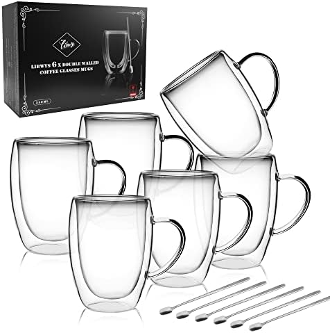 LIBWYS 6 Pack Double Walled Coffee Cups Glasses Mug 12oz Borosilicate Glass by LIBWYS