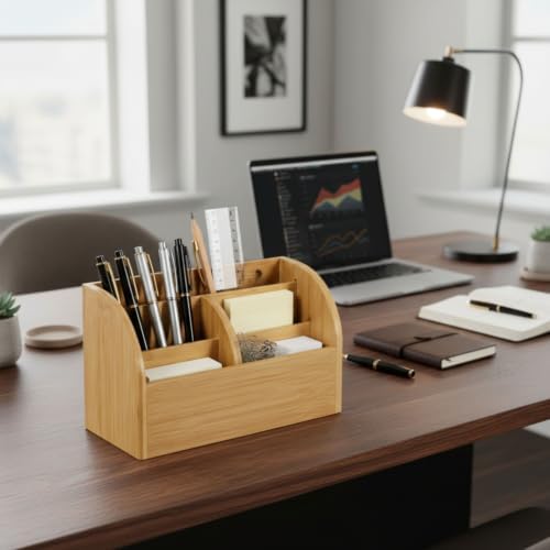 OSCO Bamboo Organiser | 6 Compartments | Office Tidy | Stationery Storage | Pen Holder | Makeup sorter | Cosmetics Display | H14.3 x W23.3 x D10.3 cm | - Image 5