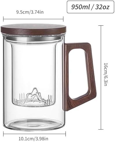 Unbreakable - Glass Tea Cup with Infuser and Lid, 950ML / 32oz Large Borosilicate Tea Mug with Wooden Handle and Lid, Heat Resistant Glass Tea Cup for Loose Leaf Tea, Home Office Use - Image 2