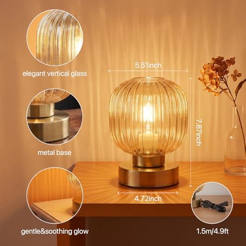 Elenhome Amber Touch Glass Table Lamp, 3-Way Dimmable Bedside Lamp, Vintage Mid-Century Modern Small Nightstand Lamp for Bedroom and Living Room, Ambient Mood Lighting, LED Bulb Included - Image 6