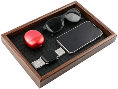 Wooden Valet Tray, 12X8 Inch Desk Organizer with Leather Base, Entryway Bedside Dump Holder for Wallets, Keys, Watches, Jewelry & Sunglasses(Black) by Unknown