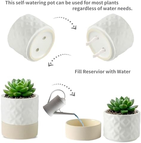 Nihow Self Watering Ceramic Plant Pot, 4.5 Inch, Matte White & Brown Star - Image 2