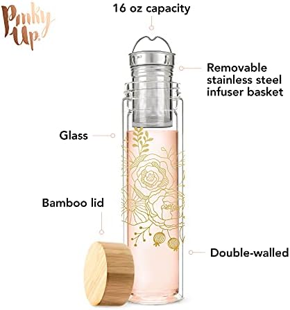 Pinky Up Blair Travel Infuser Mug, Double-Walled Glass, Stainless Steel Strainer, 16 Oz, Bouquet - Image 2