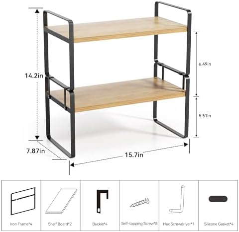 YGYQZ Desk Shelf Organizer, 2-Tier Desktop Bookshelf, Black & Wood - Image 3