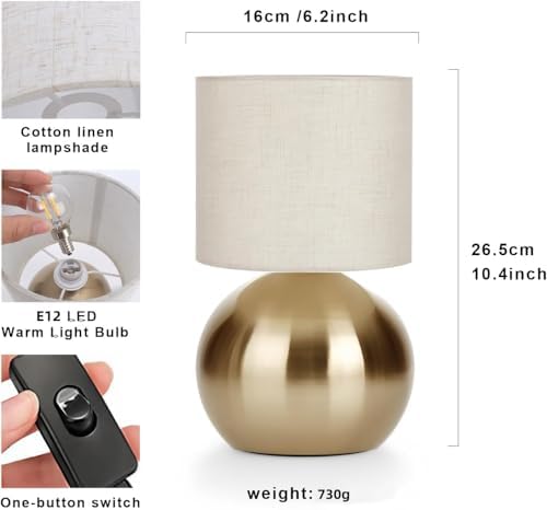 Modern Small Table Lamp Set of 2, Minimalist Nightstand Bedside Lamps with One-Button Inline Switch, H 10.4 Inch Desk Light for Bedroom, Living Room,Including Light Bulb（Golden） - Image 2