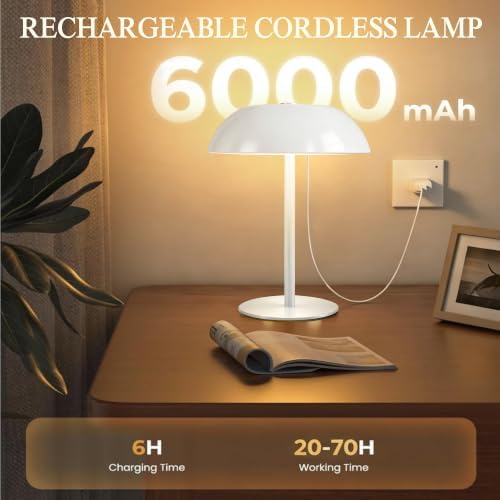 2 Pack Portable LED Mushroom Table Lamp, 12H Cordless Metal Night Light with Rechargeable Battery, Stepless Dimmable 3 Colors Desk Lamp for Bedroom Bar Coffee Shop(White) - Image 4
