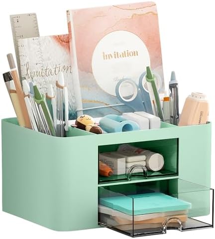 Marbrasse Pen Organizer with 2 Drawer, Multi-Functional Pencil Holder for Desk, Desk Organizers and Accessories with 5 Compartments + Drawer for Office Art Supplies (Green) by Marbrasse