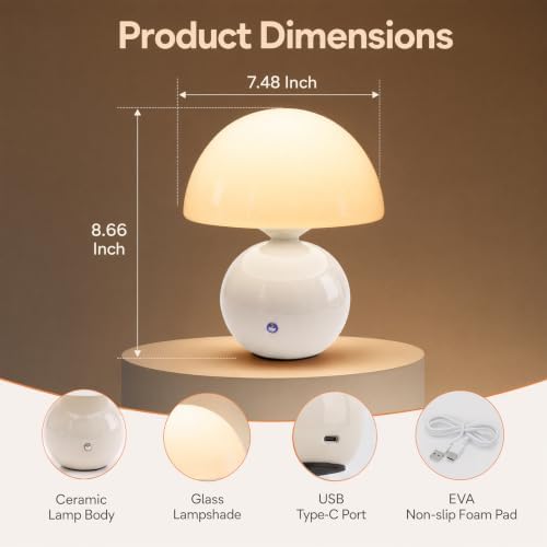 Senzoy Glass/Ceramic Mushroom Table Lamp, White Bedside Night Lamp - Image 4