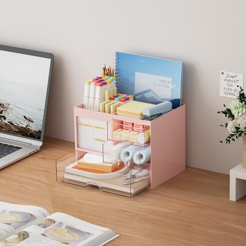 Marbrasse Desk Organizer with 3 Drawer, Multi-Functional Pencil Pen Holder for Desk, Desk Organizers and Accessories with 4 Compartments, Desktop Organizer Storage for Office Home Art Supplies (Pink) - Image 5