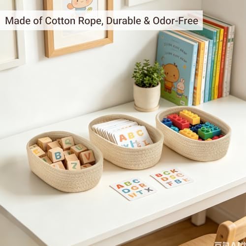 Dahey Mini Woven Storage Baskets for Organizing, 3 Pack Small Oval Beige - Image 5