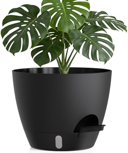 Plant Pots, 1 Pack 12 Inch Self Watering Pots with Drainage Holes, Water Level Indicator Deep Reservoir, Large Planters for Indoor Outdoor Plants - Black by KUGAZ