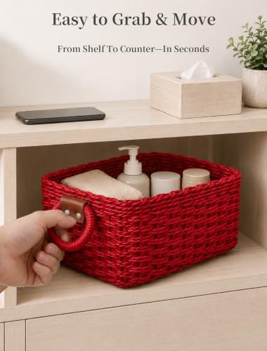 Small Wicker Baskets, 3 PCS Paper Rope Baskets for Shelves, Red - Image 5