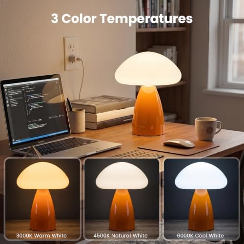 Mushroom Lamp, 3 Color Modes Stepless Dimmable Table Lamp, Retro Ceramic Base Bedside Lamp, Decorative Lamp for Bedroom, Nursery, Nightstand (Orange) - Image 2