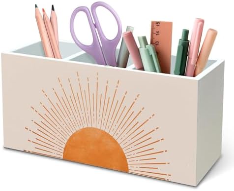 DILSJ Boho Abstract Sunshine Pen Pencil Holder Organizer for Desk, Boho Office Decor, Mid Century Modern Minimalist Sun Sunset Sunshine Wooden Box Signs for Home Office Desk Tabletop Decoration by DILSJ