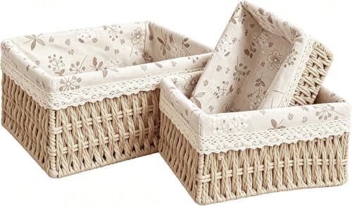 Small Wicker Basket with Liner for Counter, Woven Storage basket Set of 3 by Unknown