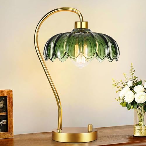 ILLMTW Flower Table Lamp for Bedroom Living Room,Small Gold Bedside Lamps Dimmable Boho Bedroom Lamp with Glass Green Lamp Shade,Vintage Mid Century Modern Mini Nightstand Lamp - Image 4