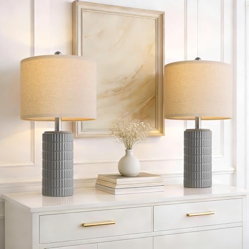 PoKat 20.75'' Ceramic Small Table Lamps for Bedroom, Modern Dark Gray Bedside Lamps Set of 2, Farmhouse Lamps for Living Room with Linen Lampshade for Night Stands Guest Room Side End Table Console by Pokat