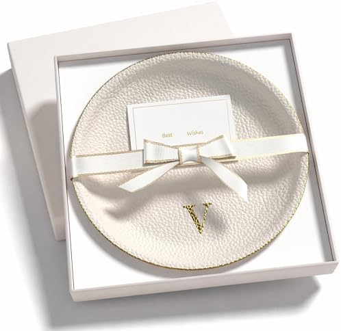 Initial Jewelry Dish for Women, Shatterproof Vegan Leather Ring Holder with Stainless Steel Core, Personalized Monogram Trinket Tray, Birthday Bridesmaid Gift with Box (Cream Letter V) by AUTYANL