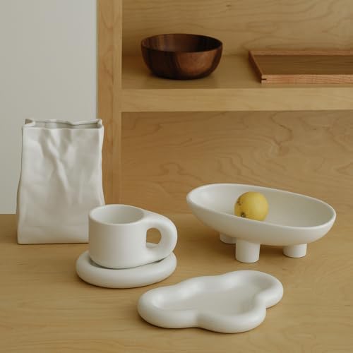 WENSHUO Ceramic Coffee Mug with Saucer, Cute Chubby Cup, 9 oz,Nacre White - Image 4