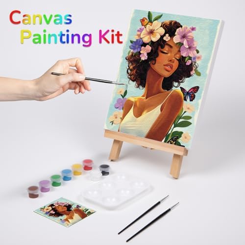 VOCHIC Pre Drawn Canvas for Painting for Adults Paint and Sip Kit Painting Party Supplies 8 Acrylic Colors,3 Brushes,1 Palette Art Set (Floral Lady, 8x10 in) - Image 2