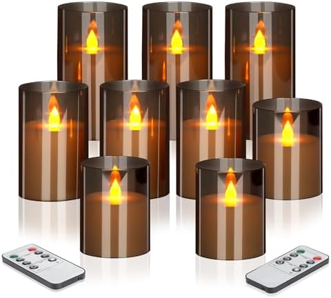 Flameless Candles 4" 5" 6" Acrylic Glass Pillars 3" Diameter Battery Operated Flickering Candles Include Remote with 24Hour Timer Function 400+ Hours by 2 AA Batteries (Gray, Warm Light 9 Pack) by wemarry